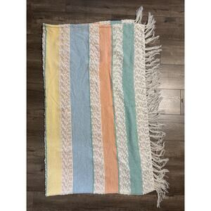 Shabby Chic Striped Chenille Knit Throw Blanket Tassels Fringe 52 x 60
